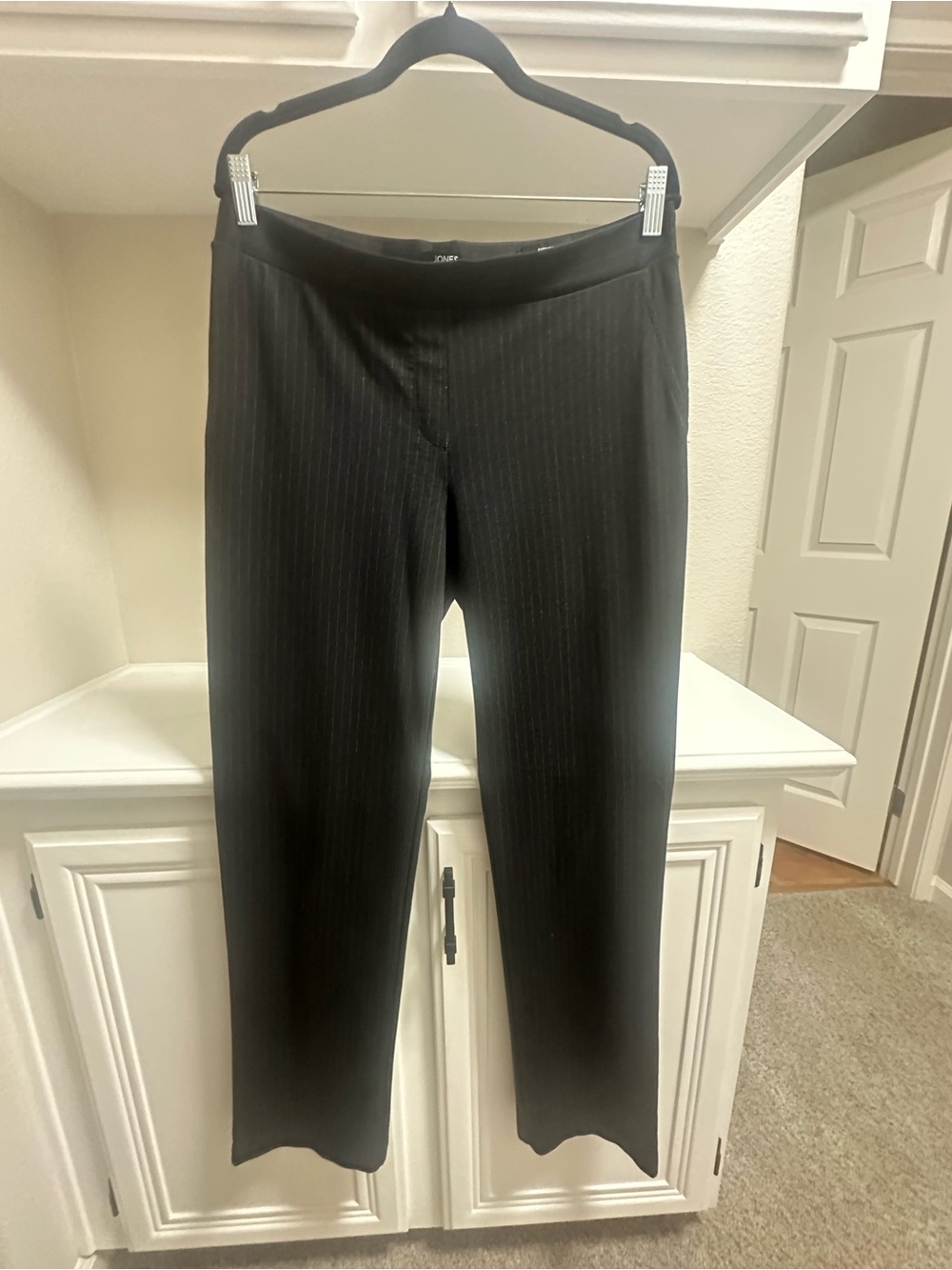 Jones New York Women's Black with subtle grey pinstripes pull on Dress Pants